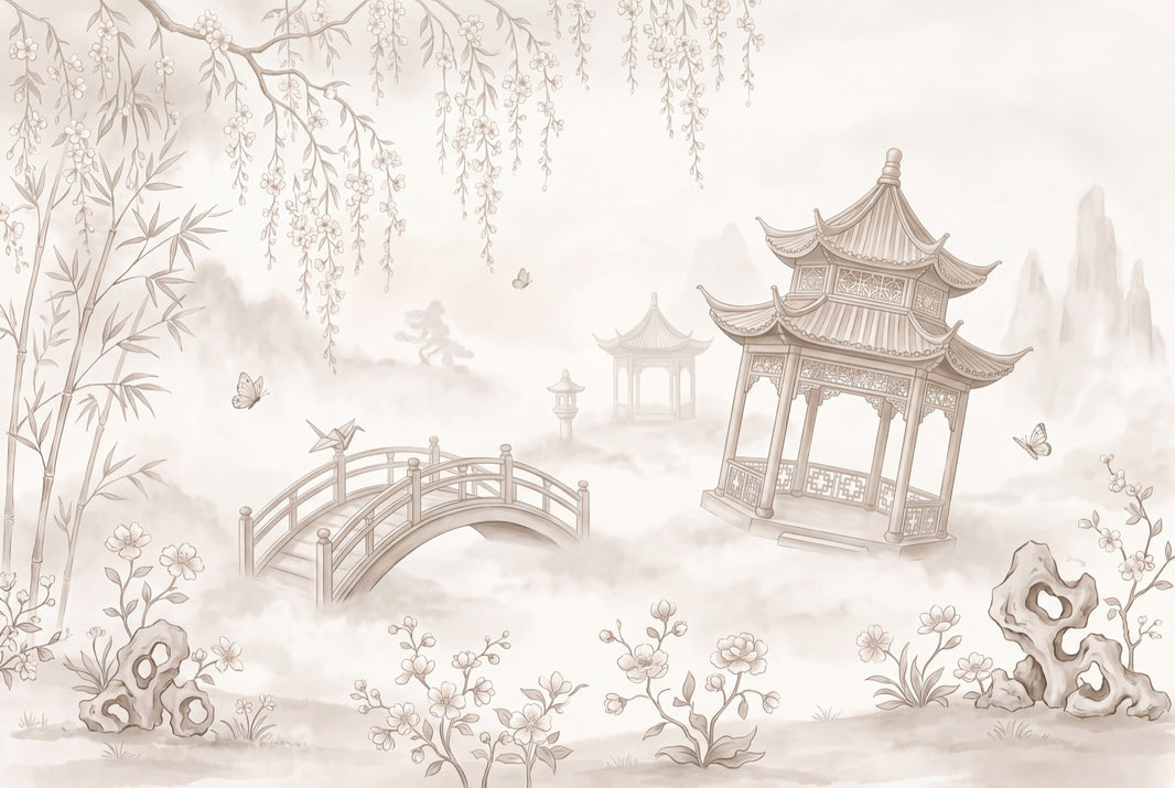 East Asian Garden Wallpaper Pagoda Pavilion Removable Arched Bridge Wall Decor pattern artwork