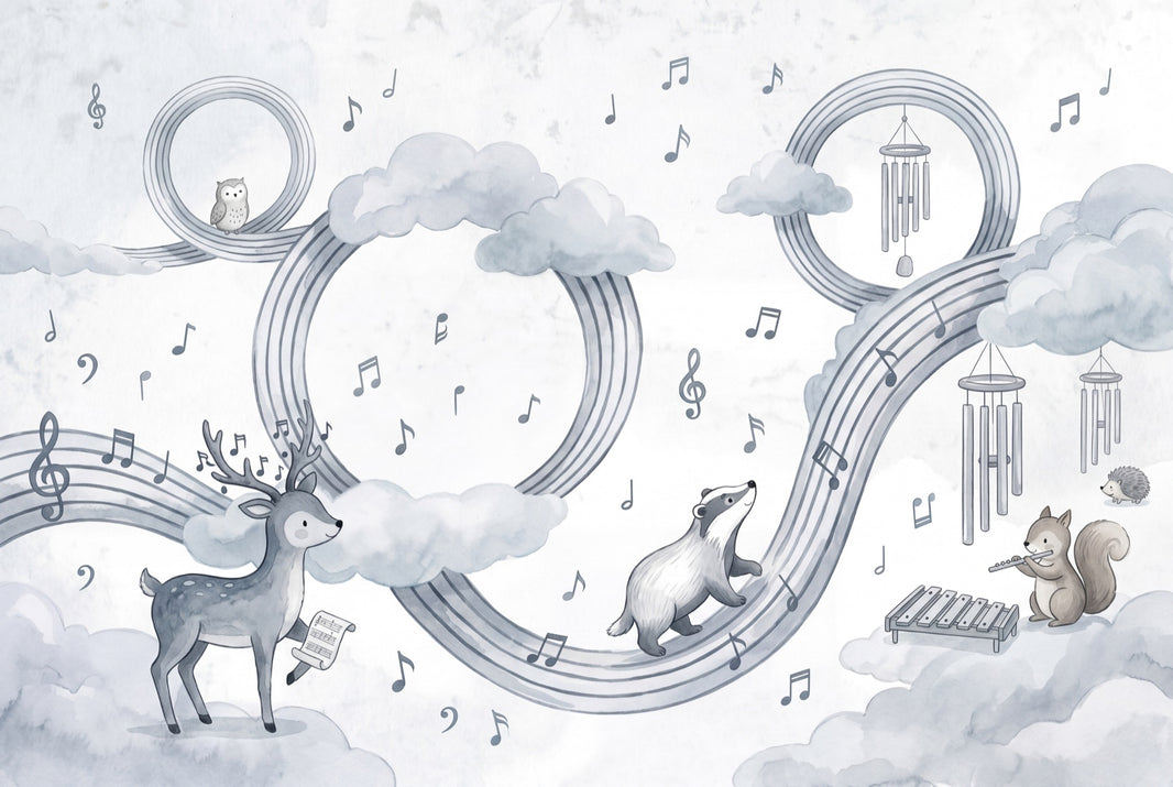Music Notes Wallpaper Clouds Woodland Animals Wall Mural pattern artwork