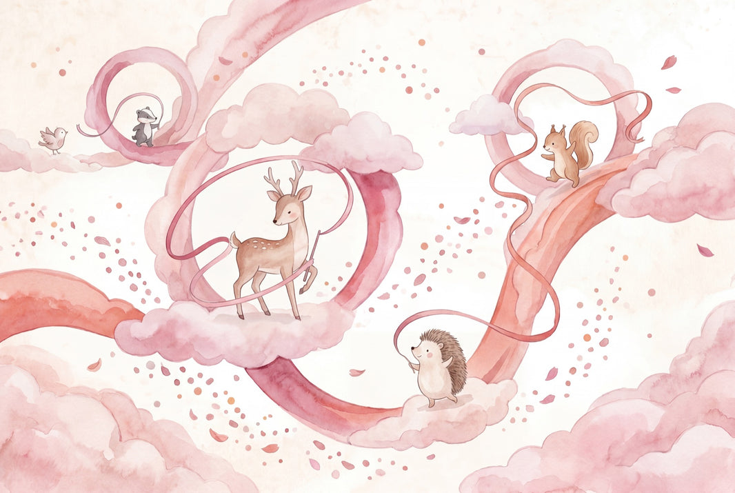 Woodland Animals Wallpaper Watercolor Pink Clouds Wall Mural pattern artwork