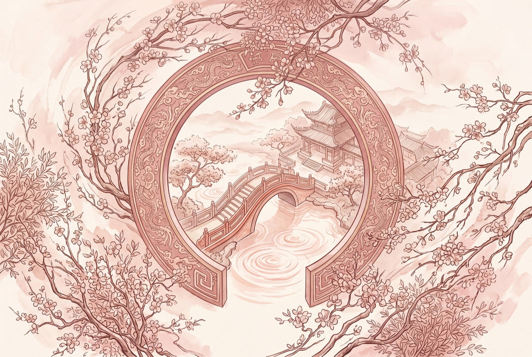 Cherry Blossoms Wallpaper Moon Gate Pagoda Pavilion Wall Mural pattern artwork