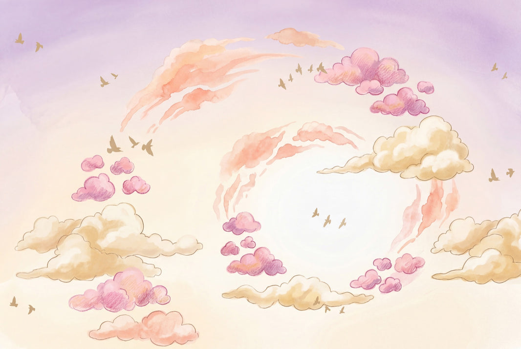 Pastel Sky Wallpaper Watercolor Clouds Birds Silhouettes Wall Mural pattern artwork