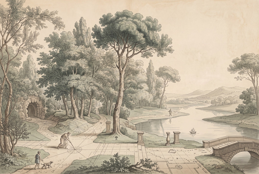 Scenic Landscape Wallpaper Lakeside View Vintage Engraving Wall Mural pattern artwork