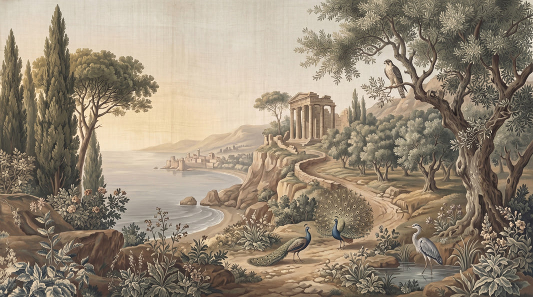 Mediterranean Landscape Wallpaper Classical Temple Ruins Removable Coastal Bay Wall Decor pattern artwork