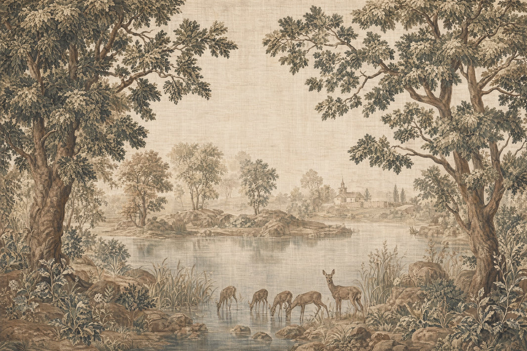 Pastoral Landscape Wallpaper Toile Mural Deer Wall Mural pattern artwork