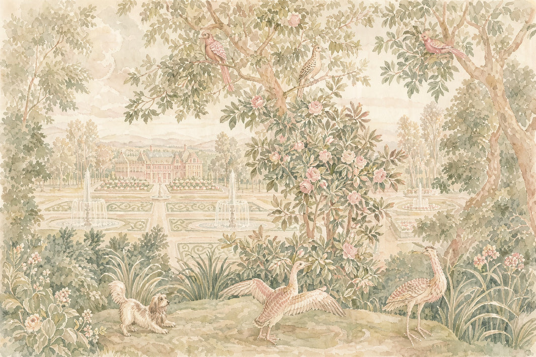 Chateau Garden Wallpaper Toile Style Watercolor Wall Mural pattern artwork
