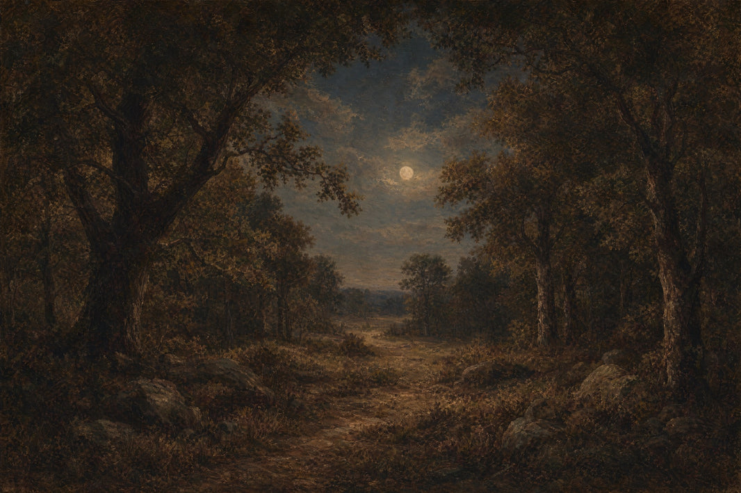 Moonlit Forest Wallpaper Woodland Landscape Vintage Oil Painting Removable Wall Decor pattern artwork
