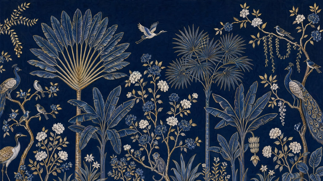Chinoiserie Wallpaper Dark Navy Removable Tropical Garden Wall Decor pattern artwork