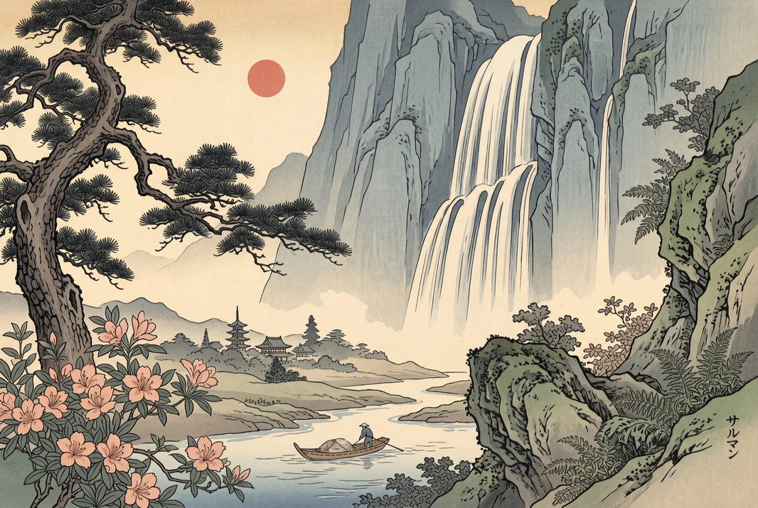 East Asian Landscape Wallpaper Waterfall Mountains And Mist Wall Mural pattern artwork