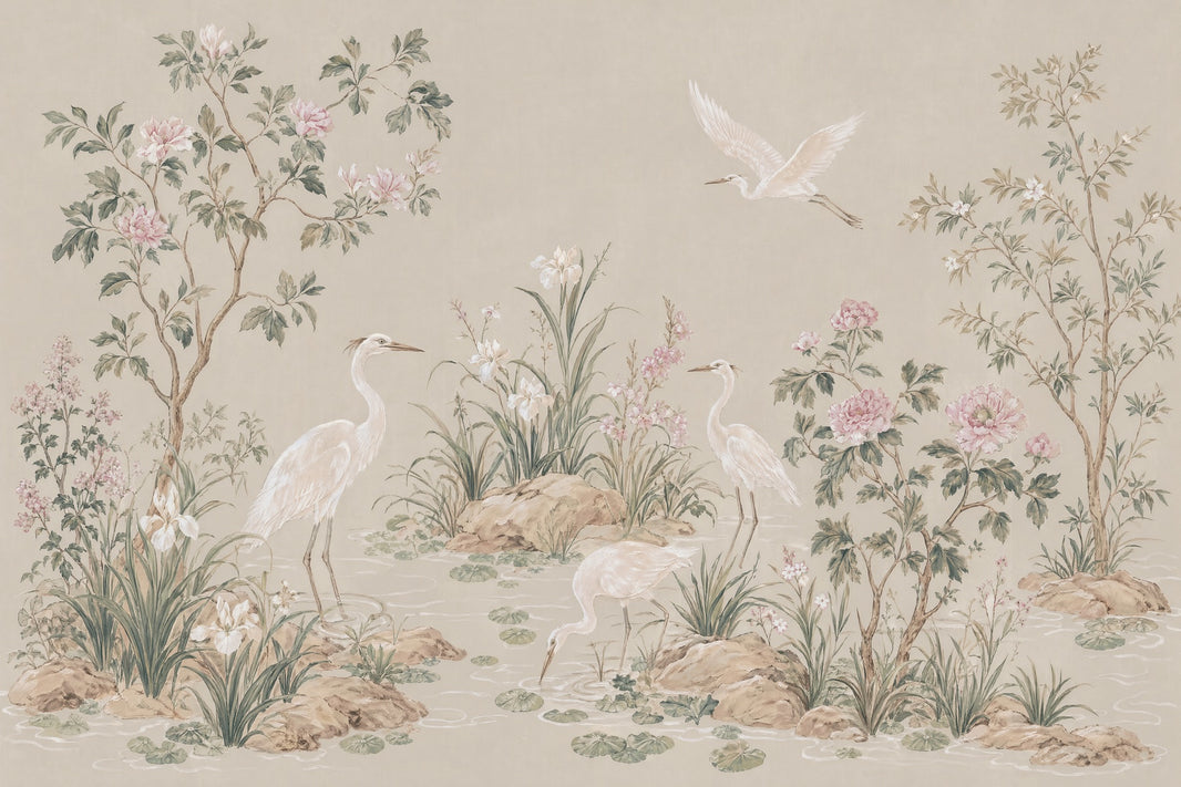 Chinoiserie Wallpaper Wetland Landscape Herons Removable Wall Decor pattern artwork