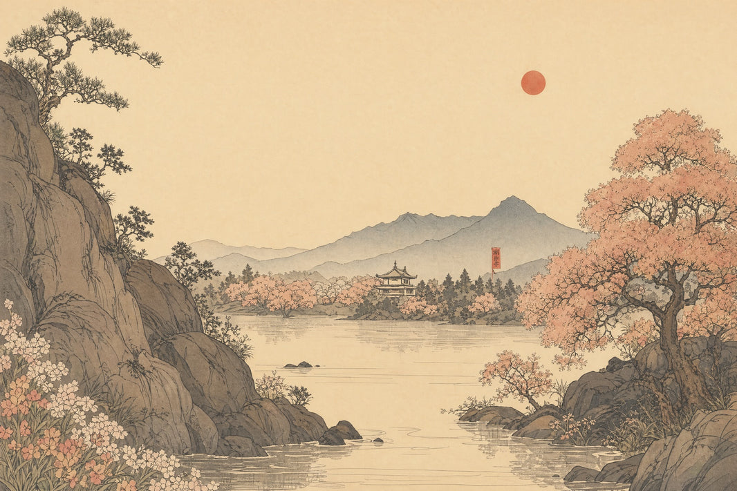Asian Landscape Wallpaper Pagoda Temple Removable Mountains Wall Decor pattern artwork
