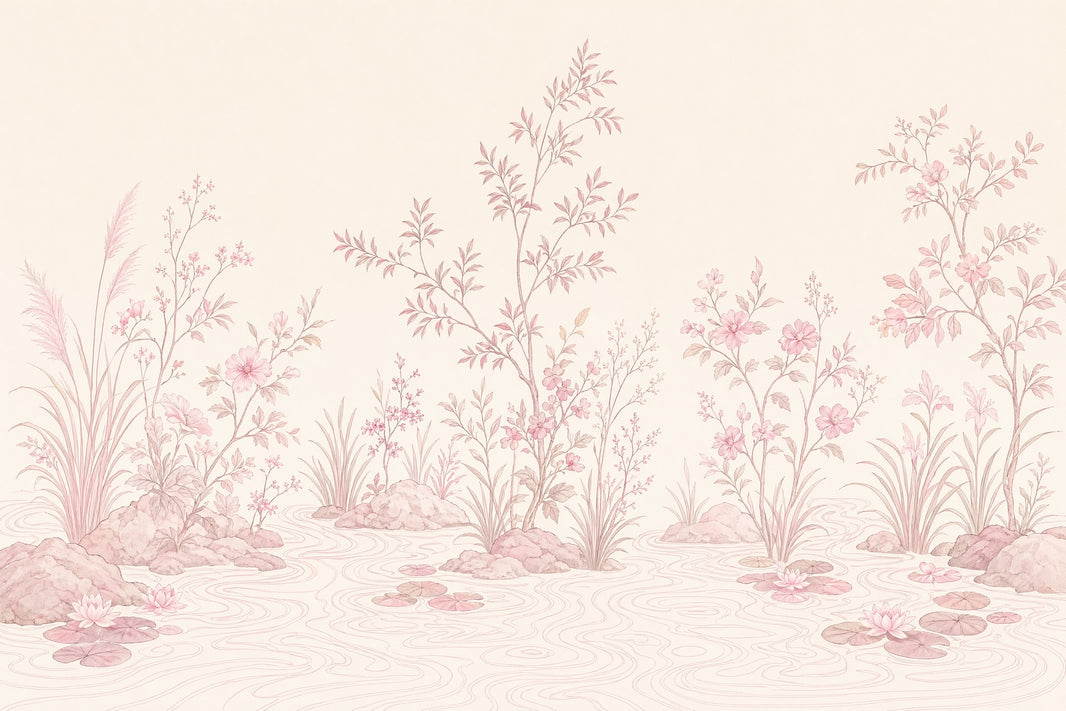Lotus Pond Wallpaper Chinoiserie Floral Landscape Wall Mural pattern artwork