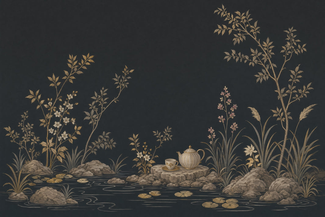 Chinoiserie Wallpaper Dark Gold Linework Removable Wall Decor pattern artwork