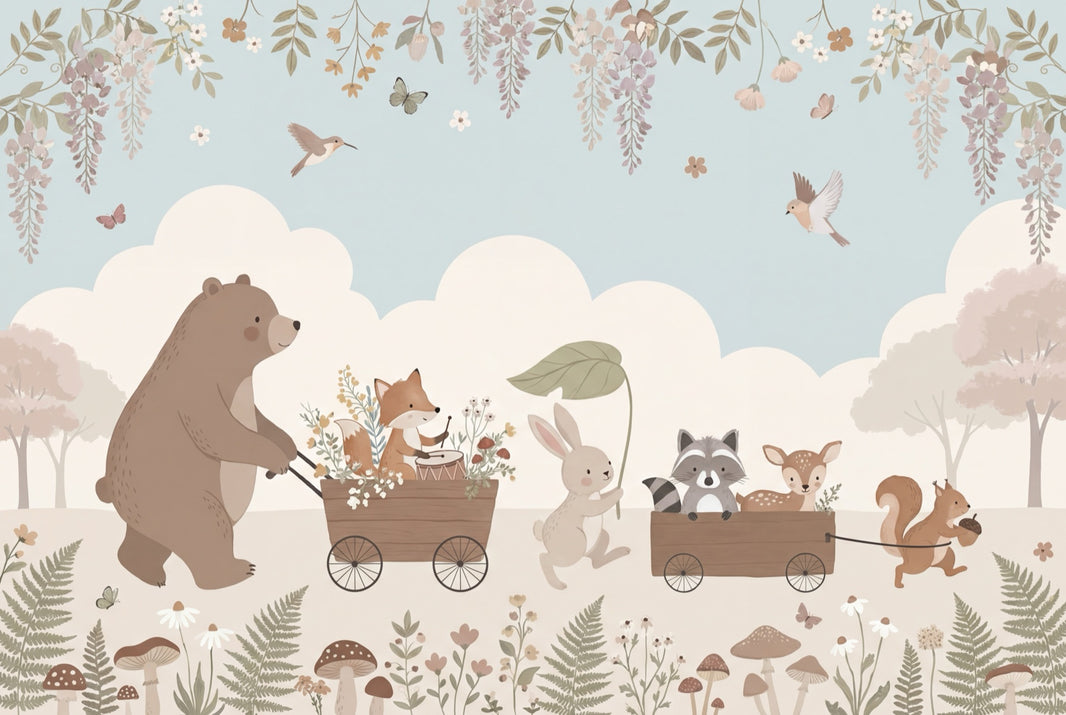 Whimsical Animals Wallpaper Pastel Nature Wall Mural pattern artwork