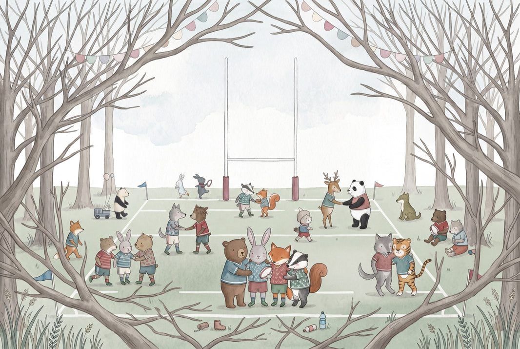 Woodland Sports Field Wallpaper Cute Animals Storybook Illustration Wall Mural pattern artwork