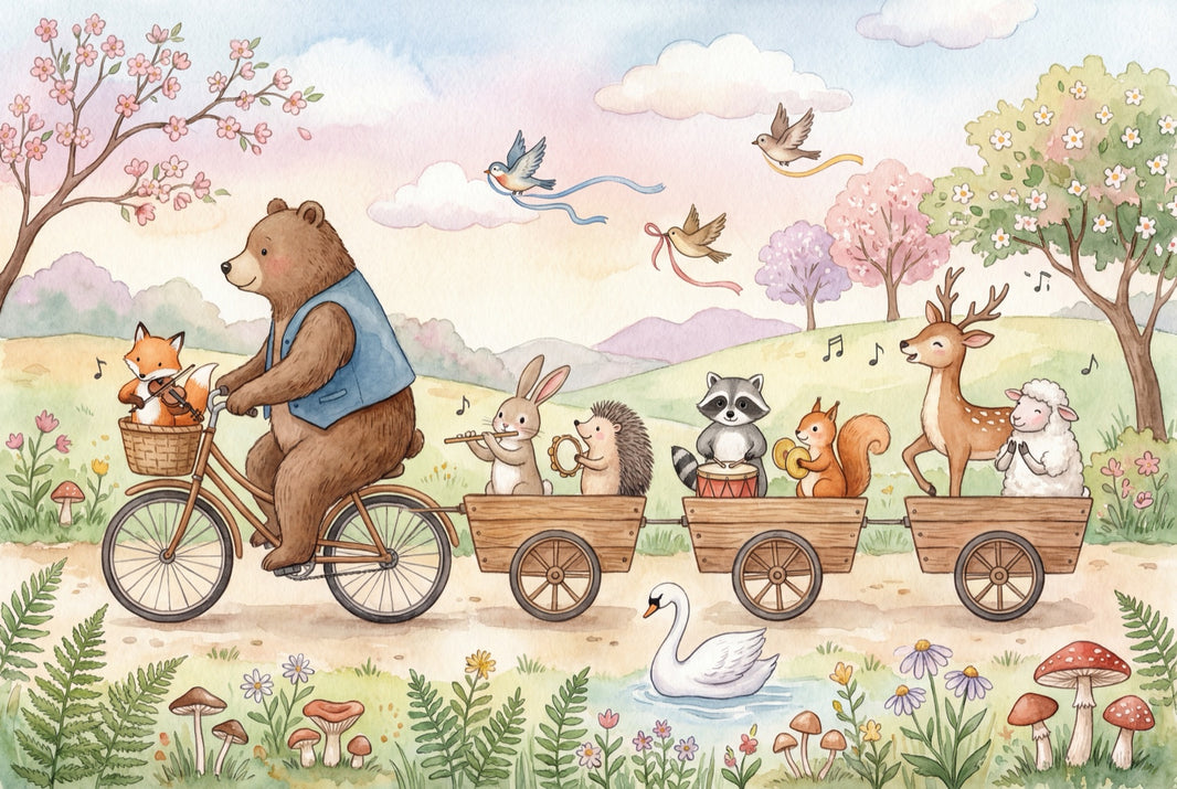 Whimsical Animals Wallpaper Bicycle Pastel Wall Mural pattern artwork