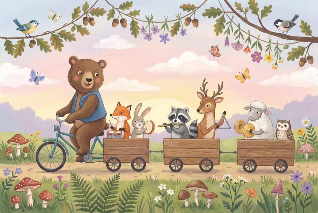 Whimsical Animals Wallpaper Bicycle Forest Wall Decor pattern artwork