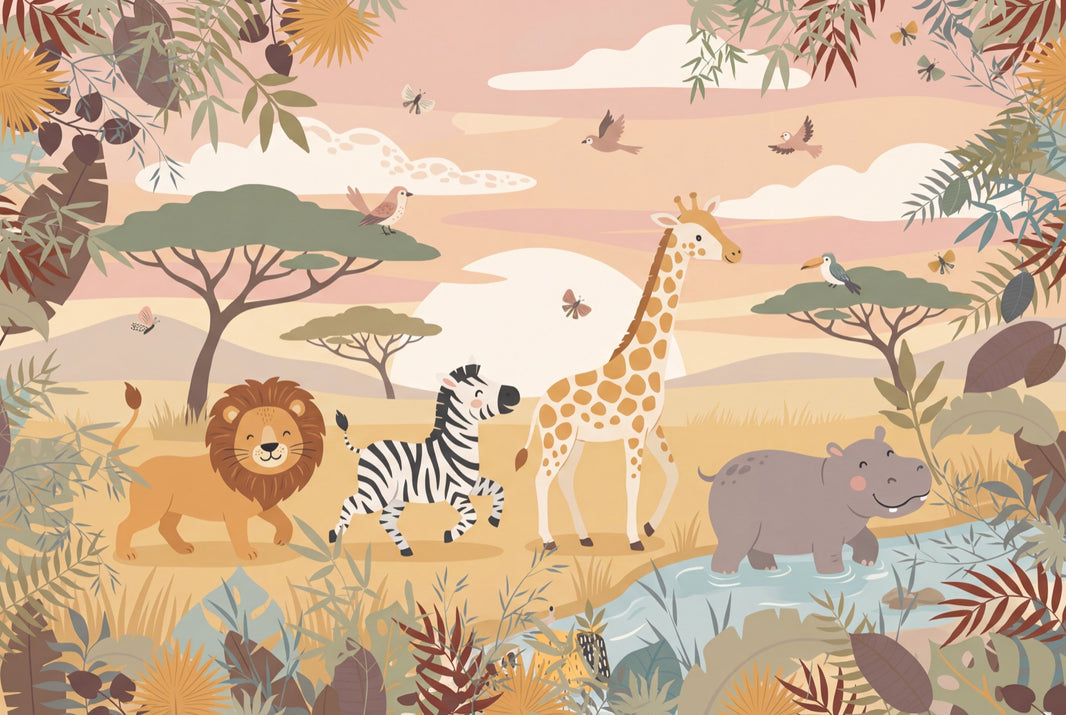 Safari Animals Wallpaper Playful Cartoon Wall Mural pattern artwork