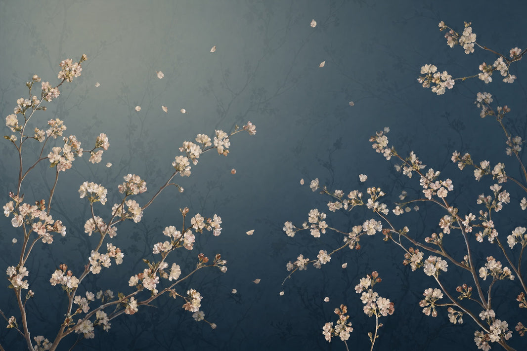 Cherry Blossom Branches Wallpaper Dark Navy Background Painterly Floral Wall Mural pattern artwork