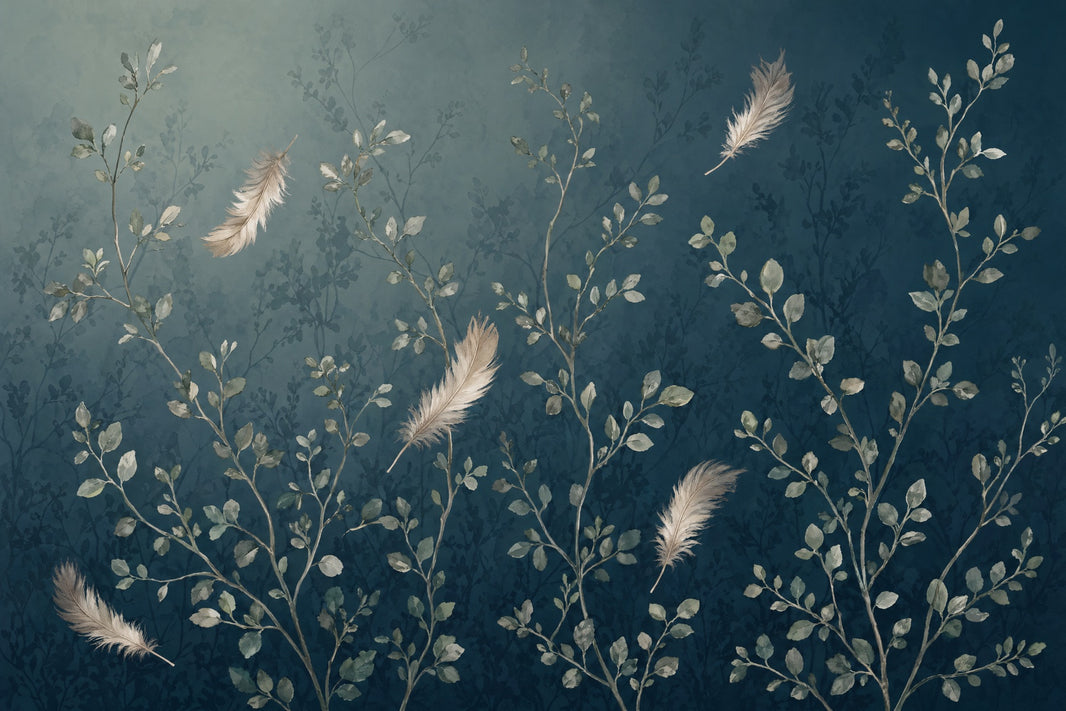 Dark Botanical Wallpaper Watercolor Foliage Floating Feathers Removable Wall Decor pattern artwork