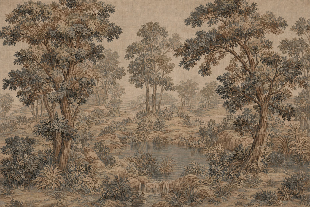 Woodland Landscape Wallpaper Toile Illustration Vintage Pastoral Wall Mural pattern artwork