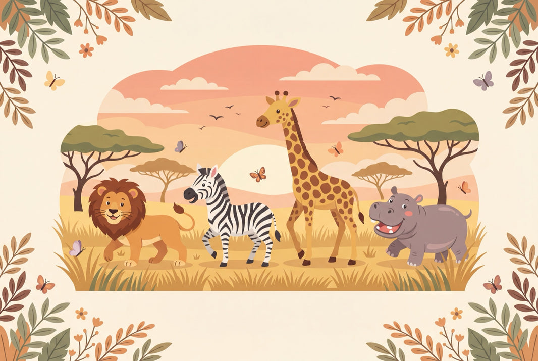 Safari Animals Wallpaper Cartoon Sunset Wall Mural pattern artwork