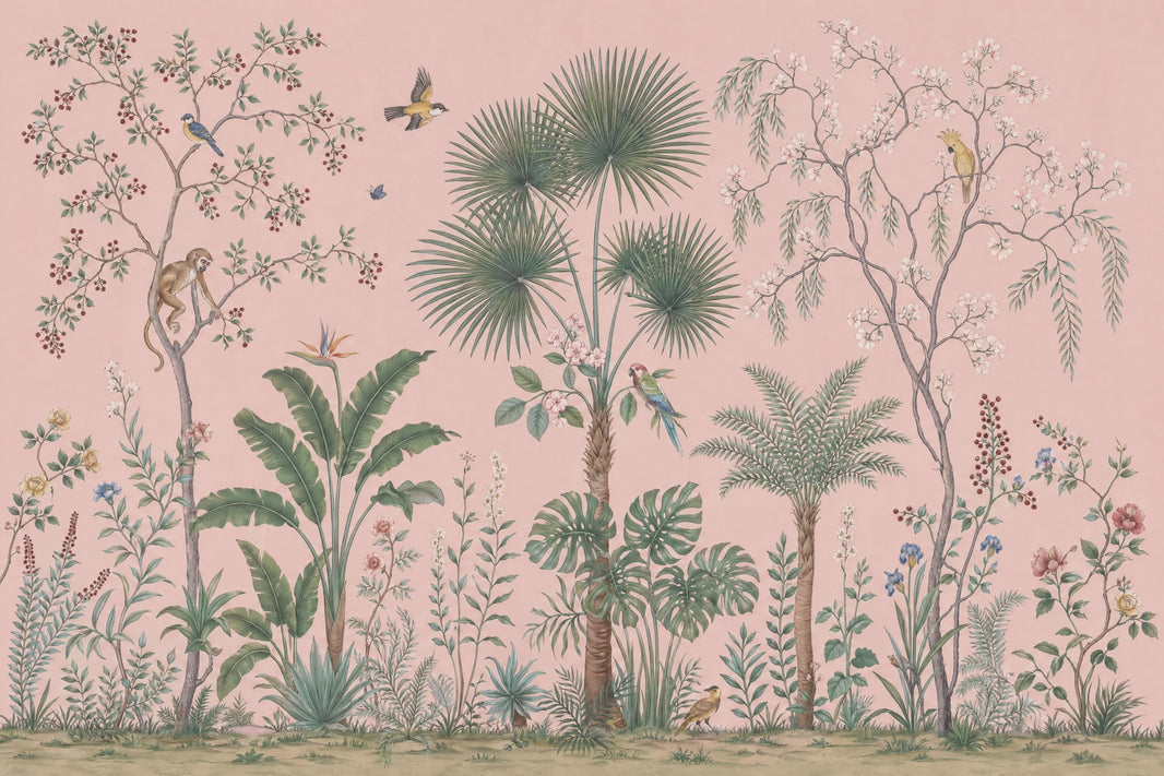 Tropical Botanical Wallpaper Pink Background Vintage Mural Removable Wall Decor pattern artwork