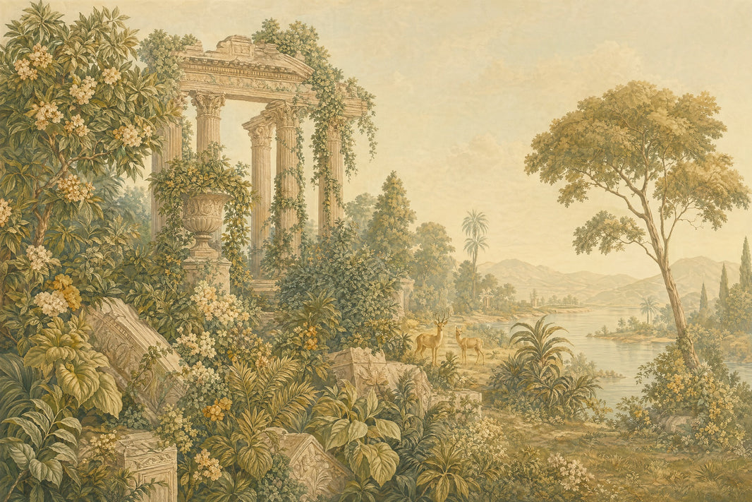 Vintage Landscape Mural Wallpaper Classical Ruins Mediterranean Garden Wall Mural pattern artwork