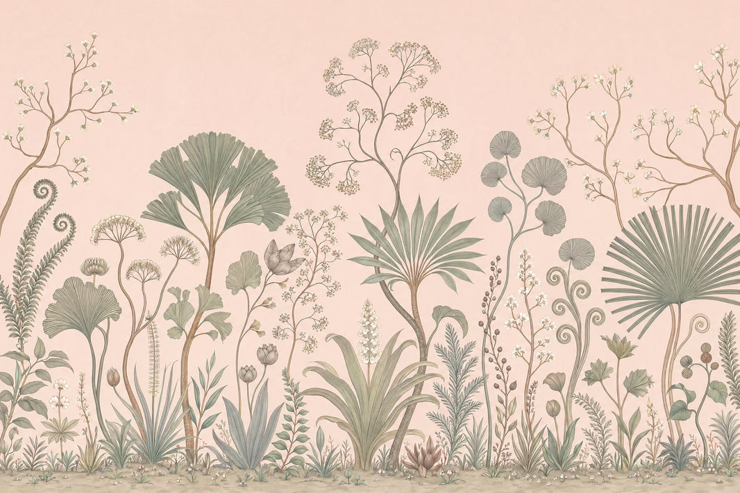 Pastel Botanical Wallpaper Blush Pink Background Sage Green Foliage Removable Wall Decor pattern artwork