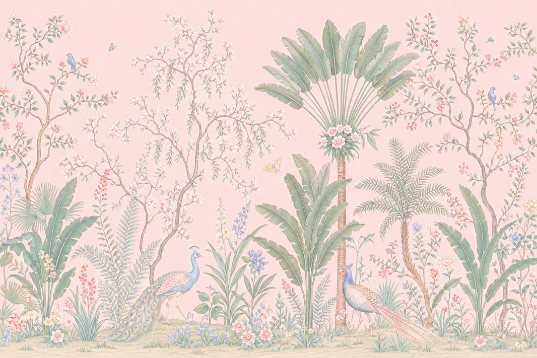 Vintage Toile Mural Wallpaper Botanical Garden Pastel Pink Background Removable Wall Decor pattern artwork