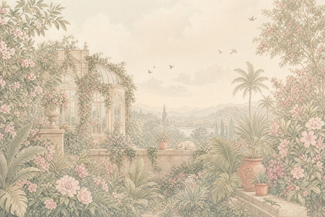 Vintage Garden Mural Wallpaper Pastel Floral Foliage Removable Mediterranean Landscape Wall Decor pattern artwork