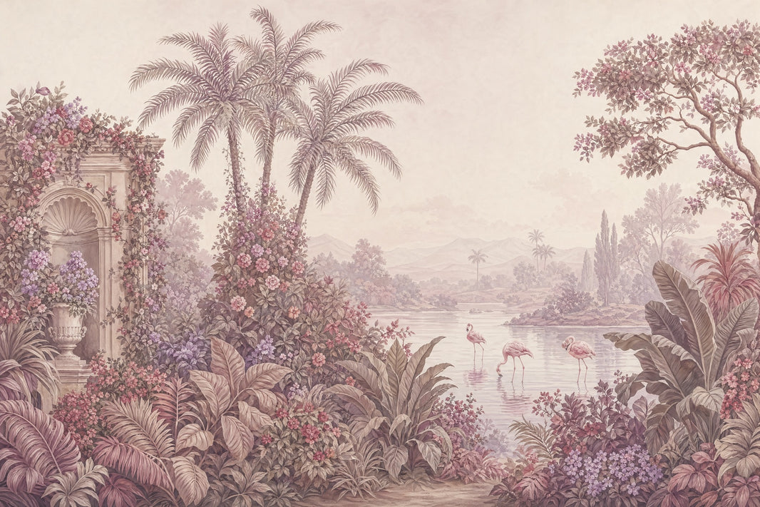 Tropical Landscape Mural Wallpaper Flamingos In Lake Palm Trees Wall Mural pattern artwork
