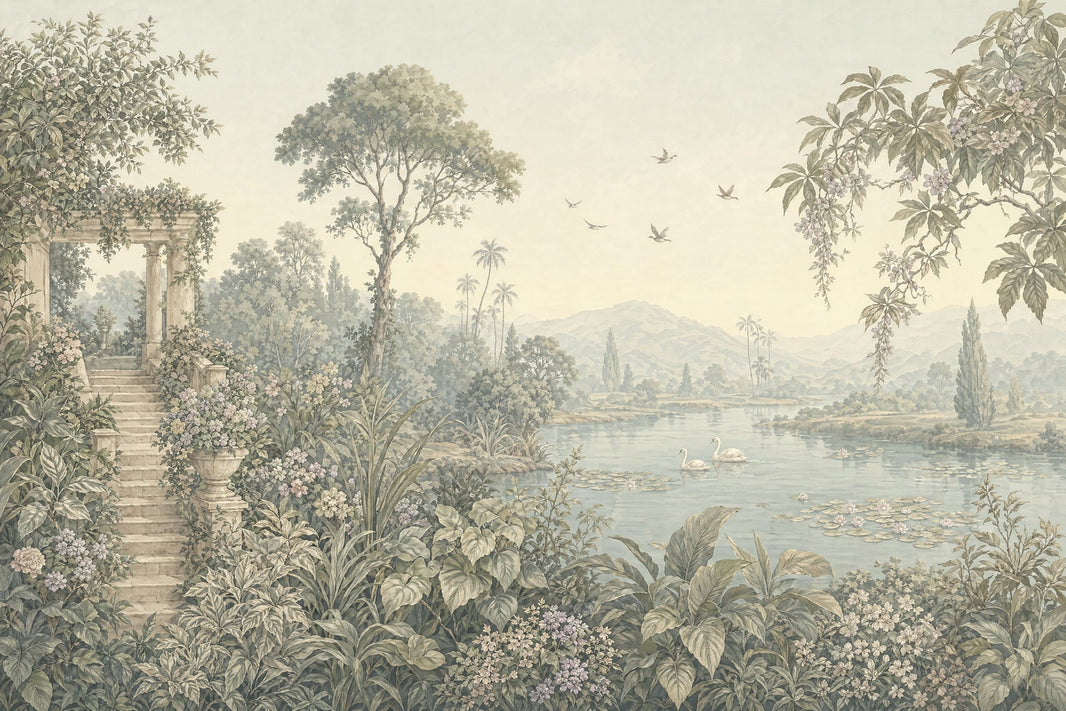 Pastoral Landscape Wallpaper Classical Garden Terrace Lake With Swans Removable Wall Decor pattern artwork