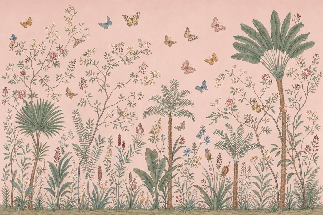 Botanical Illustration Wallpaper Tropical Palms Removable Butterflies Wall Decor pattern artwork