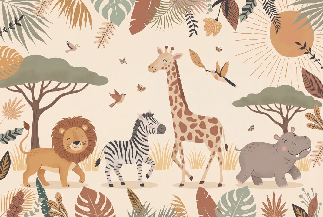 Safari Animals Wallpaper Tropical Cartoon Wall Mural pattern artwork