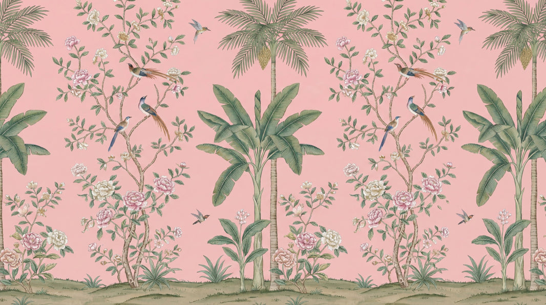 Floral Wallpaper Birds Pink Background Wall Mural pattern artwork