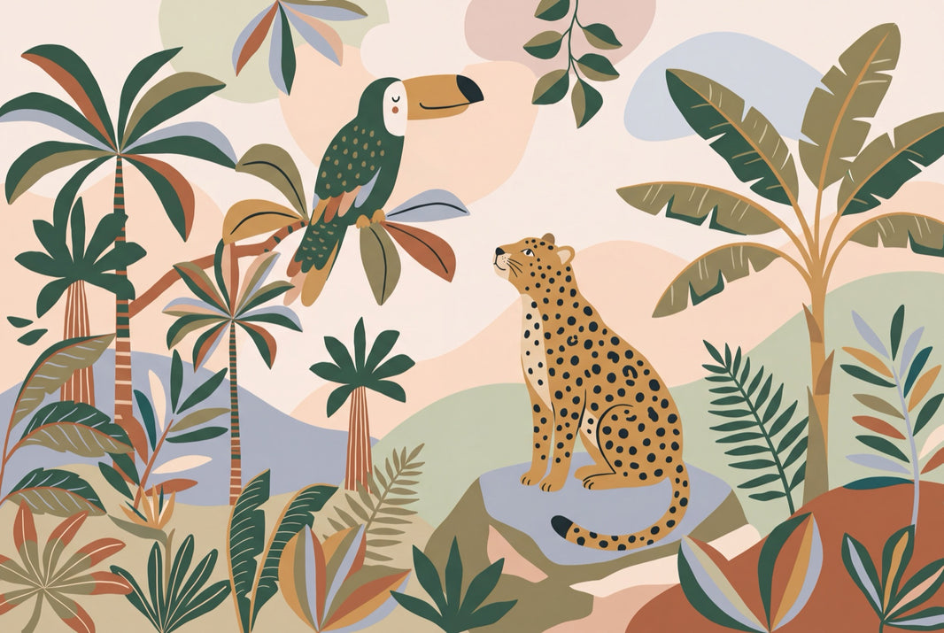 Tropical Jungle Wallpaper Toucan Leopard Wall Mural pattern artwork