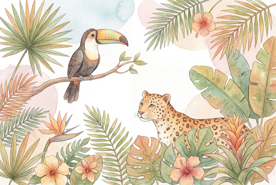 Jungle Toucan Wallpaper Watercolor Leopard Wall Mural pattern artwork