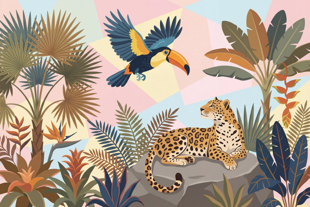 Tropical Jungle Wallpaper Toucan Leopard Wall Mural pattern artwork