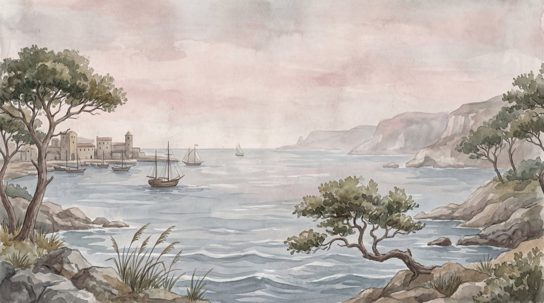 Vintage Coastal Wallpaper Landscape Serene Wall Decor pattern artwork
