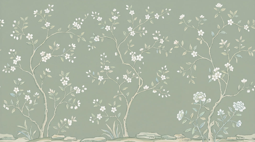 Muted Green Wallpaper Chinoiserie Floral Wall Mural pattern artwork