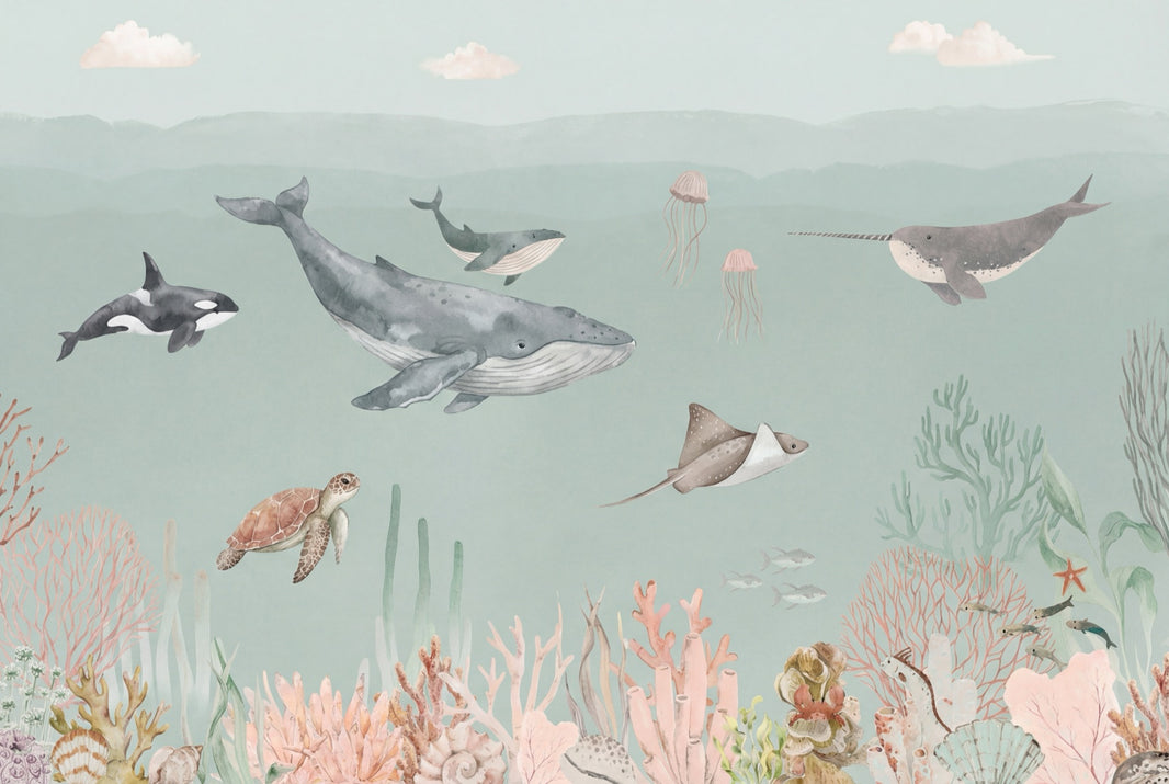 Marine Life Wallpaper Underwater Teal Wall Decor pattern artwork