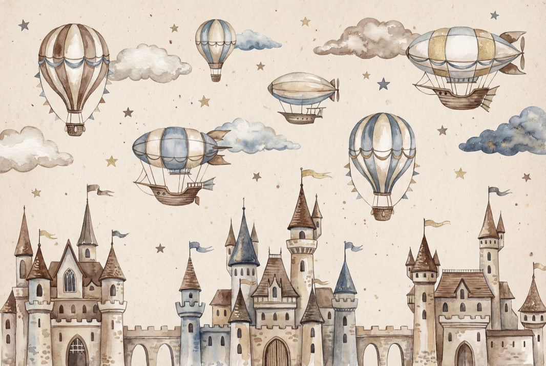 Castle Wallpaper Hot Air Balloons Fantasy Wall Mural pattern artwork