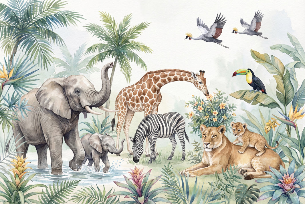 Jungle Animals Wallpaper Nature Tropical Wall Mural pattern artwork