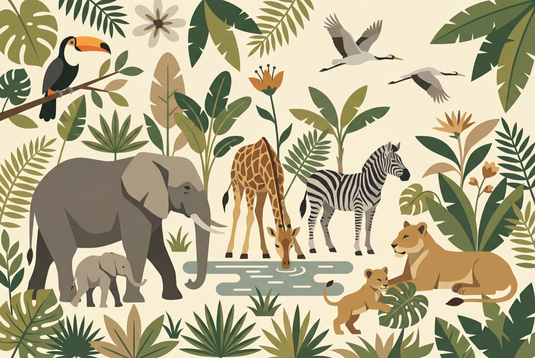 Jungle Animals Wallpaper Tropical Nature Wall Mural pattern artwork