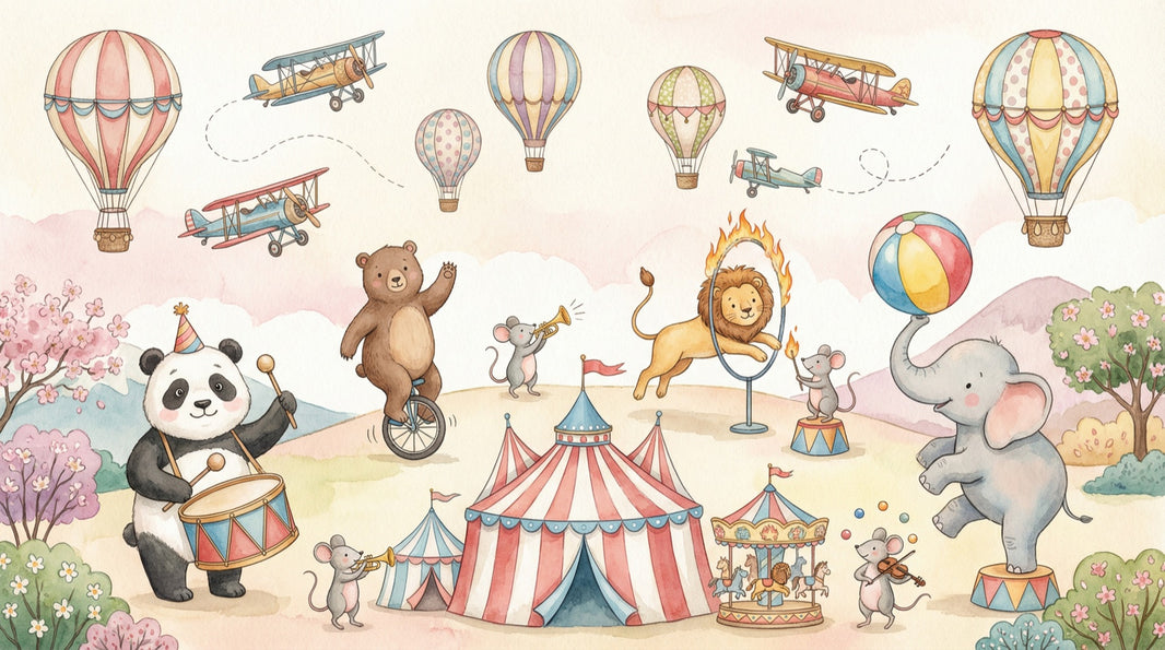 Circus Animals Wallpaper Hot Air Balloons Whimsical Wall Mural pattern artwork
