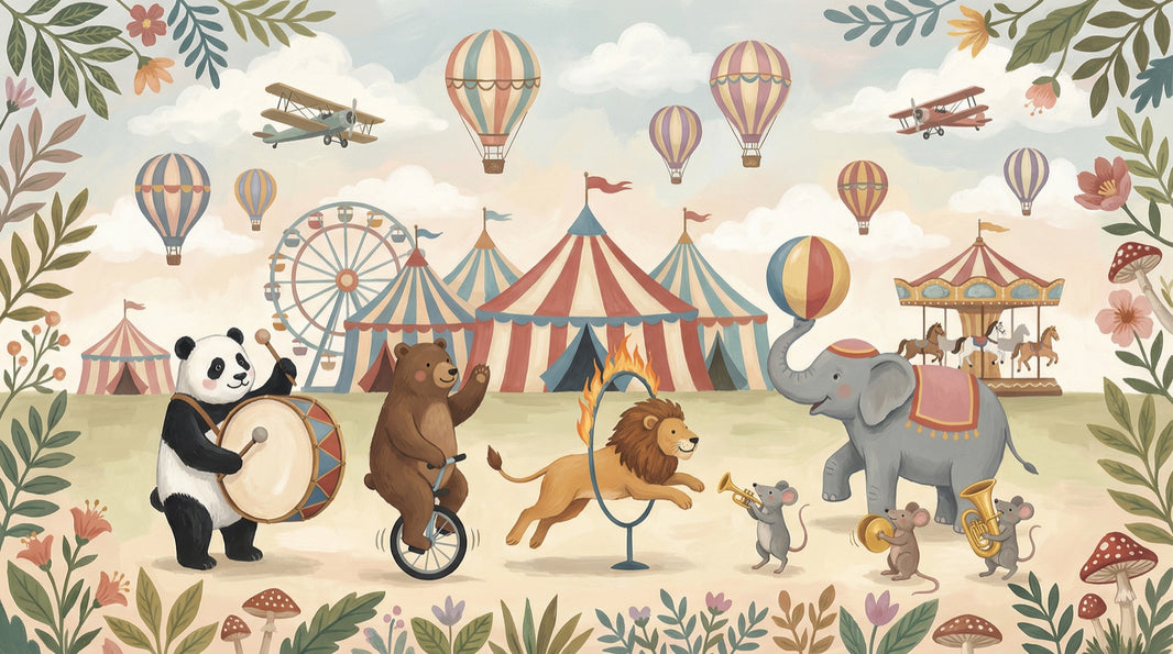 Circus Animals Wallpaper Whimsical Vintage Wall Mural pattern artwork