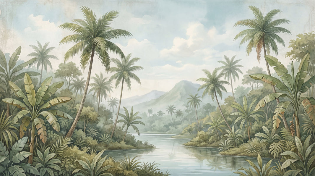 Cloudy Sky Wallpaper Palm Trees Mountain Wall Mural pattern artwork