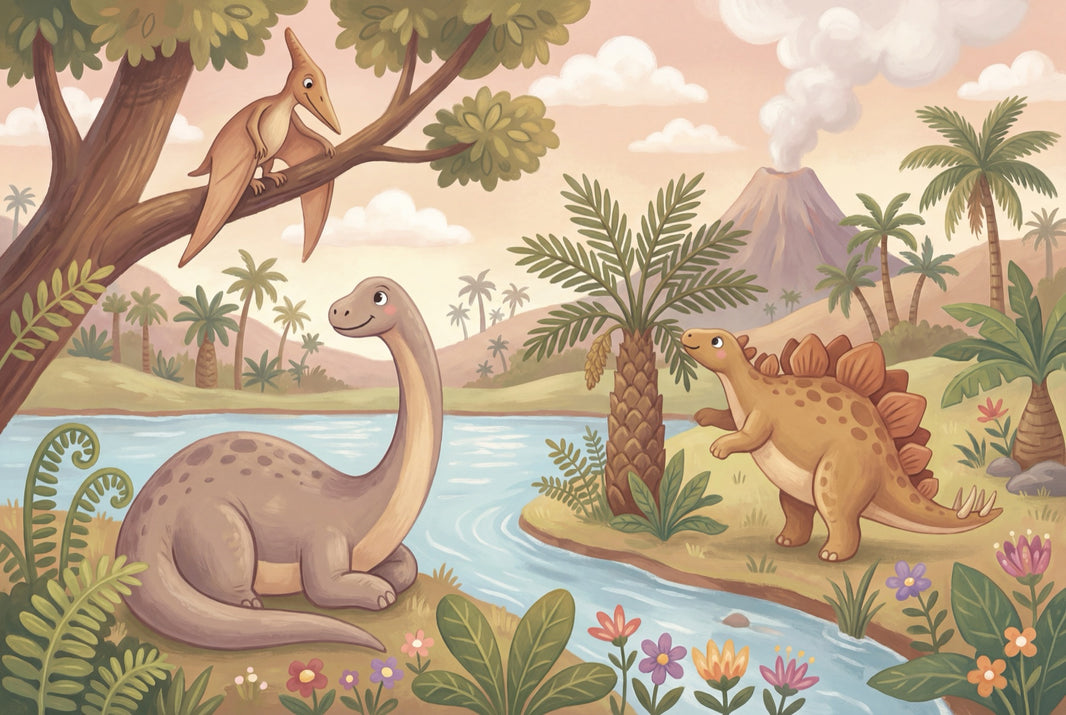 Dinosaur Landscape Wallpaper Volcano Prehistoric Wall Decor pattern artwork