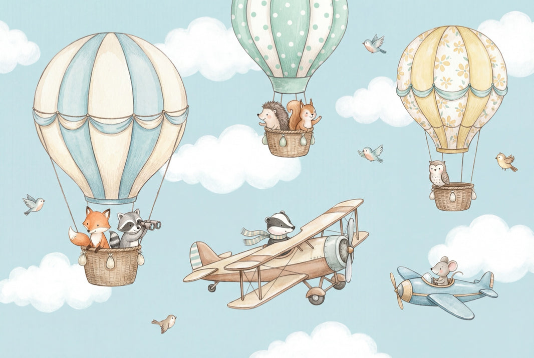 Whimsical Animals Wallpaper Hot Air Balloons Cartoonish Wall Mural pattern artwork