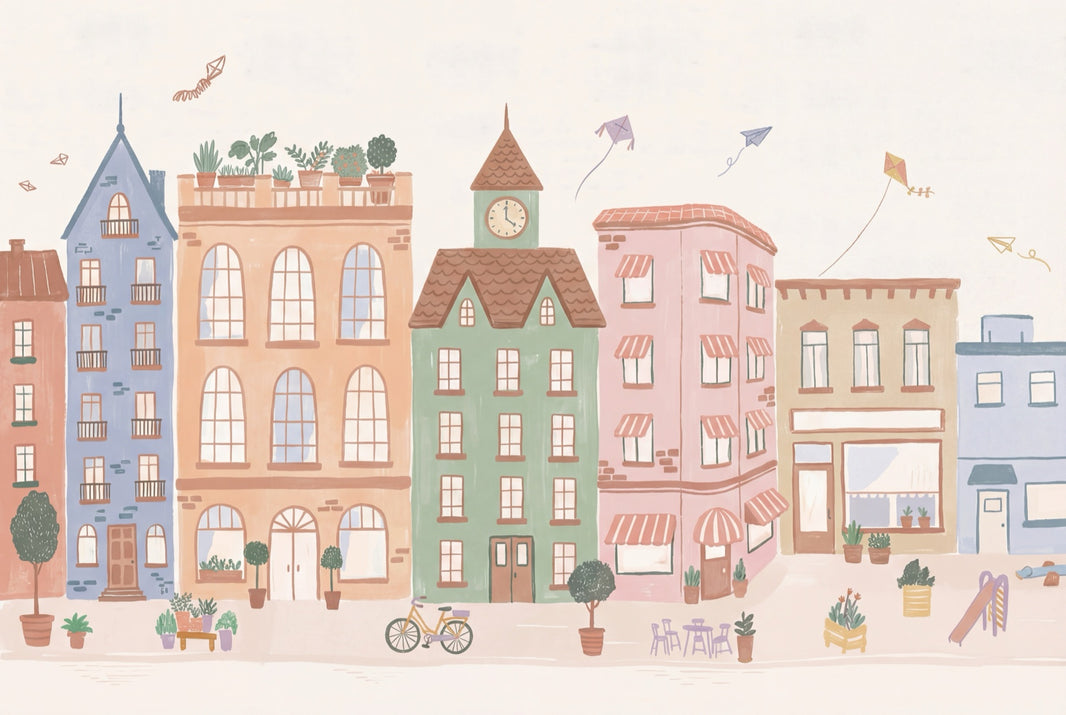 Whimsical Urban Wallpaper Pastel Buildings Wall Mural pattern artwork